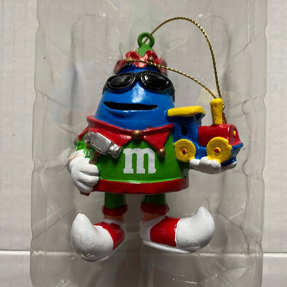 M&M Ornament Blue Boy Holding Train Christmas Kurt Adler 2013